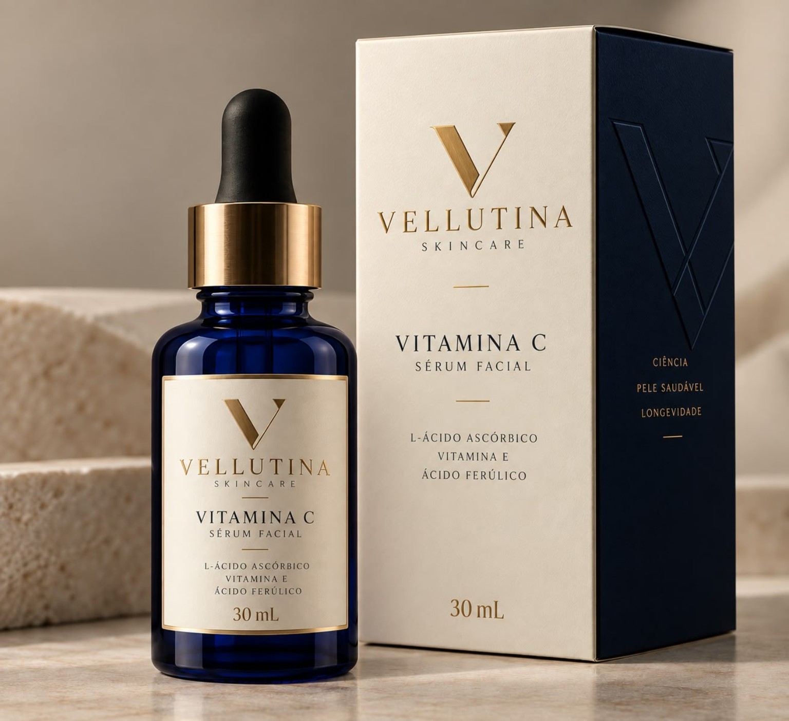 Sérum facial Vitamina C Vellutina, frasco azul com detalhes dourados